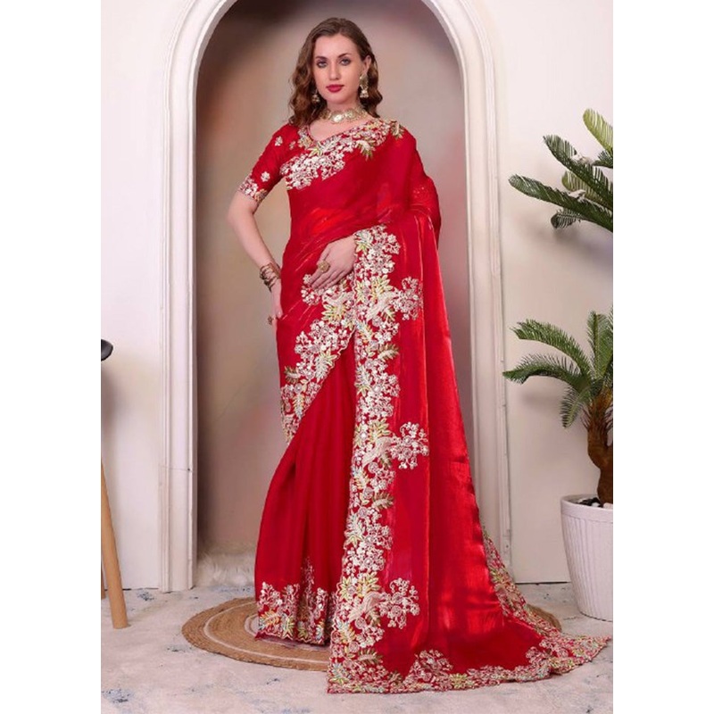 Red Spun Silk Saree With Blouse Piece - JD986584930