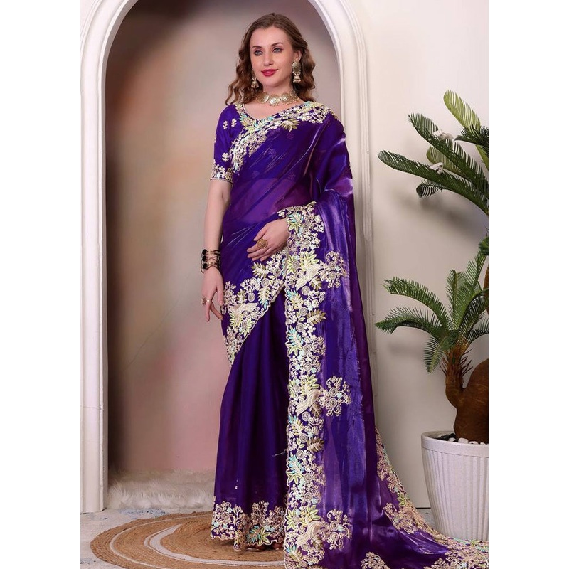 Royal Blue Spun Silk Saree With Blouse Piece - JD986584929