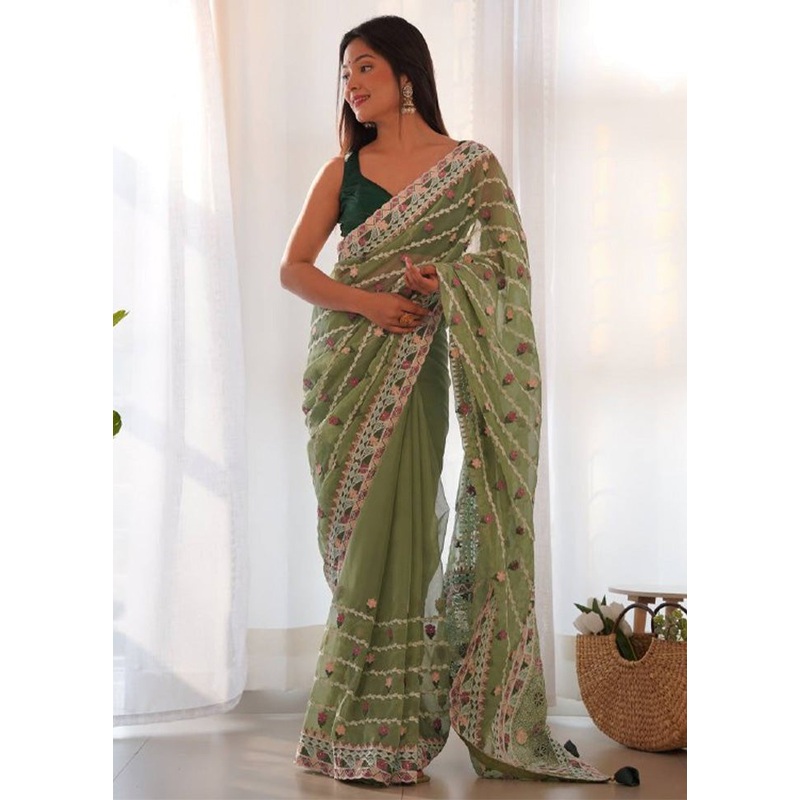 Sea Green Organza Saree With Blouse Piece - JD986584928