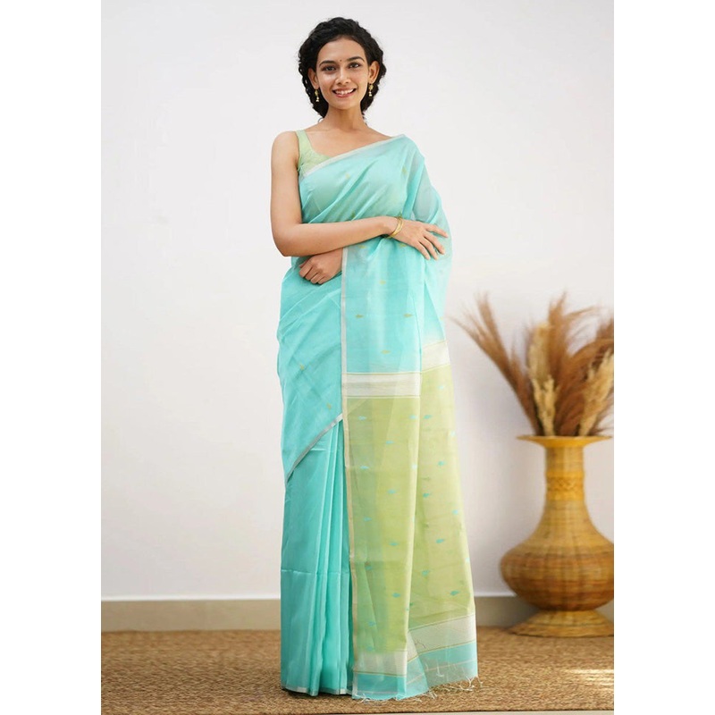 Sky Blue Linen Silk Saree With Blouse Piece - JD986584926