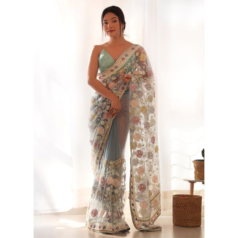 Sky Blue Net Saree With Blouse Piece - JD986584923
