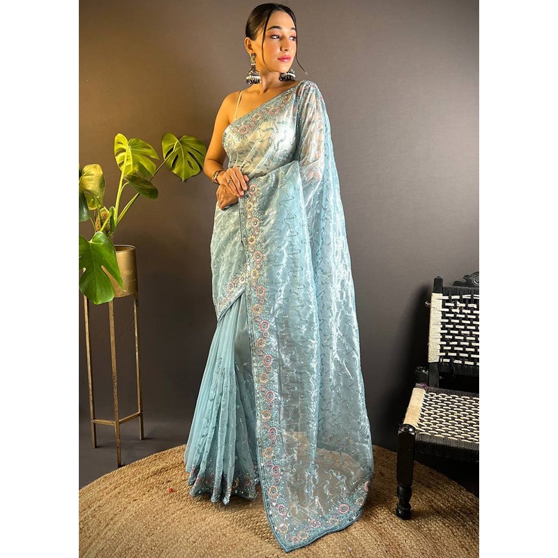 Sky Blue Net Saree With Blouse Piece - JD986584924