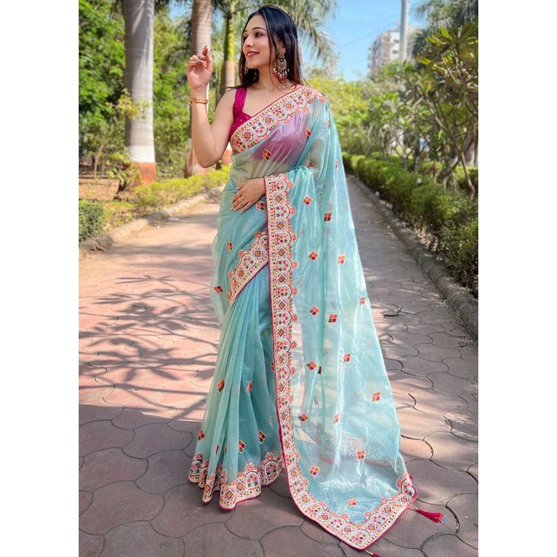 Sky Blue Net Saree With Blouse Piece - JD986584925