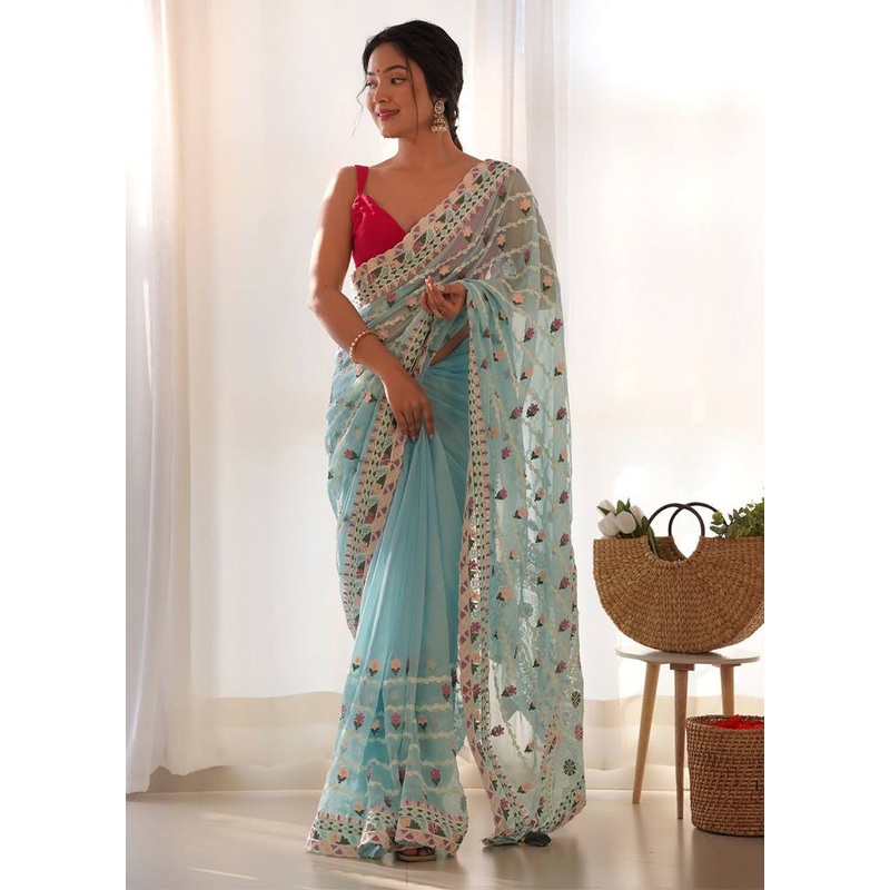 Sky Blue Organza Saree With Blouse Piece - JD986584922