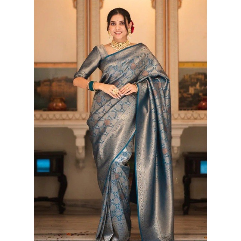 Teal Banarasi Silk Saree With Blouse Piece - JD986584920