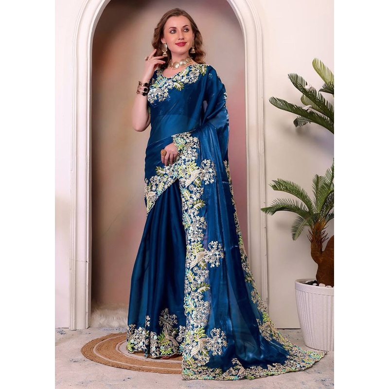 Teal Spun Silk Saree With Blouse Piece - JD986584919