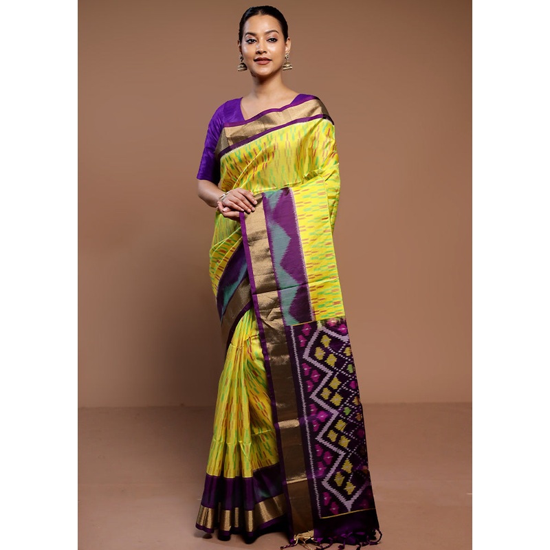 Yellow Handloom Kanchipuram Pure Silk Saree With Blouse Piece - JD986584999