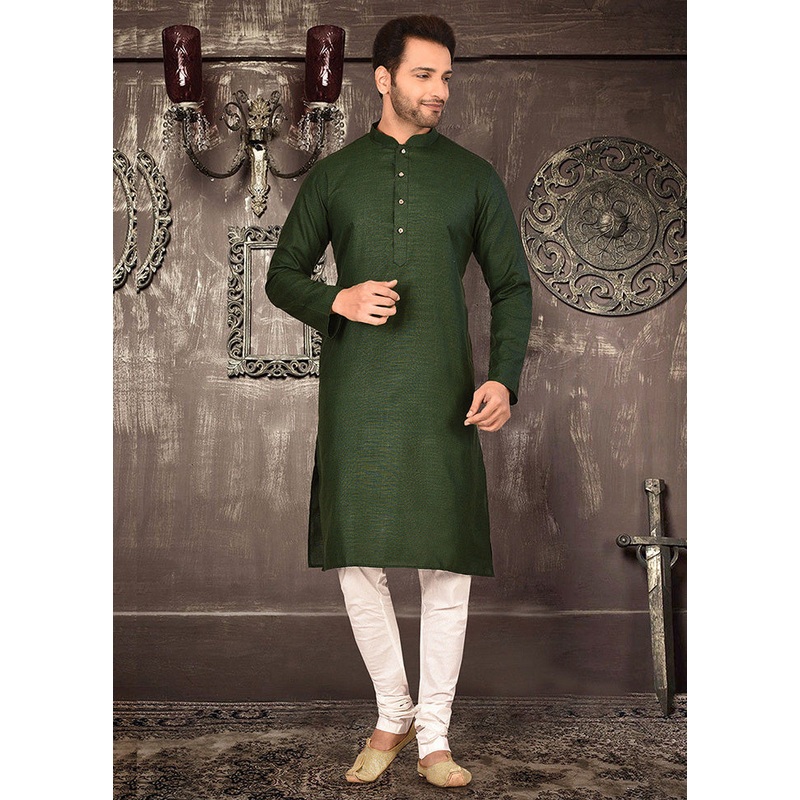2 Pc Green Cotton Kurta Pajama Set - JD986584808