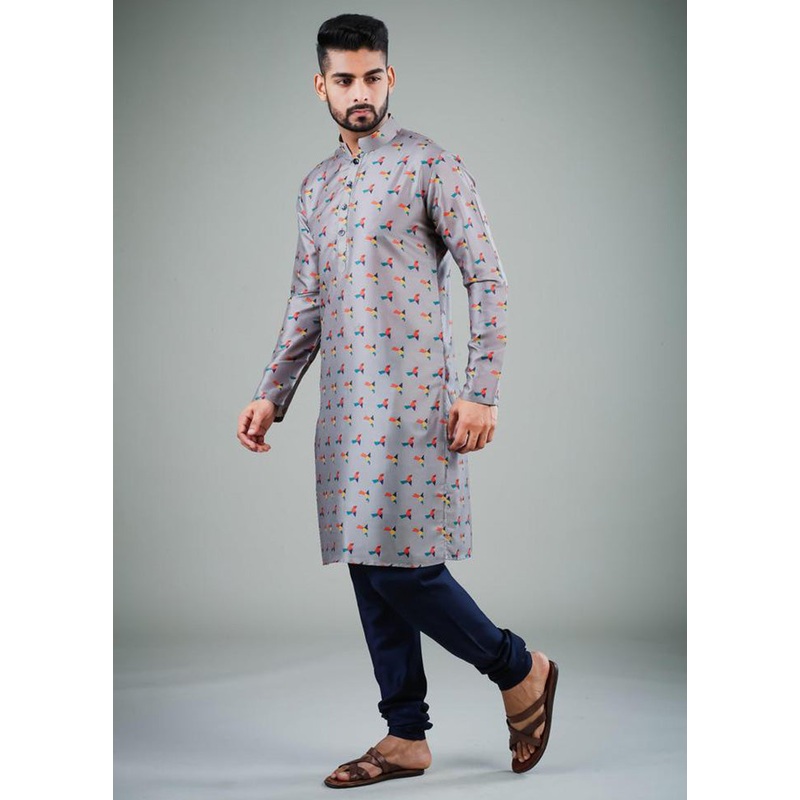 2 Pc Grey Dupion Silk Kurta Pajama Set - JD986584814