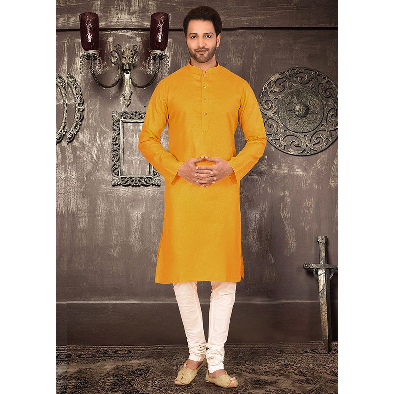 2 Pc Mustard Cotton Kurta Pajama Set - JD986584805