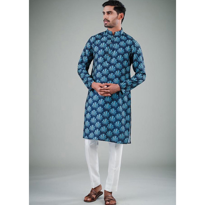 2 Pc Navy Blue Dupion Silk Kurta Pajama Set - JD986584818