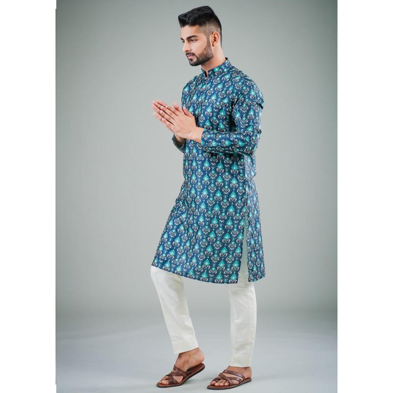2 Pc Navy Blue Dupion Silk Kurta Pajama Set - JD986584822