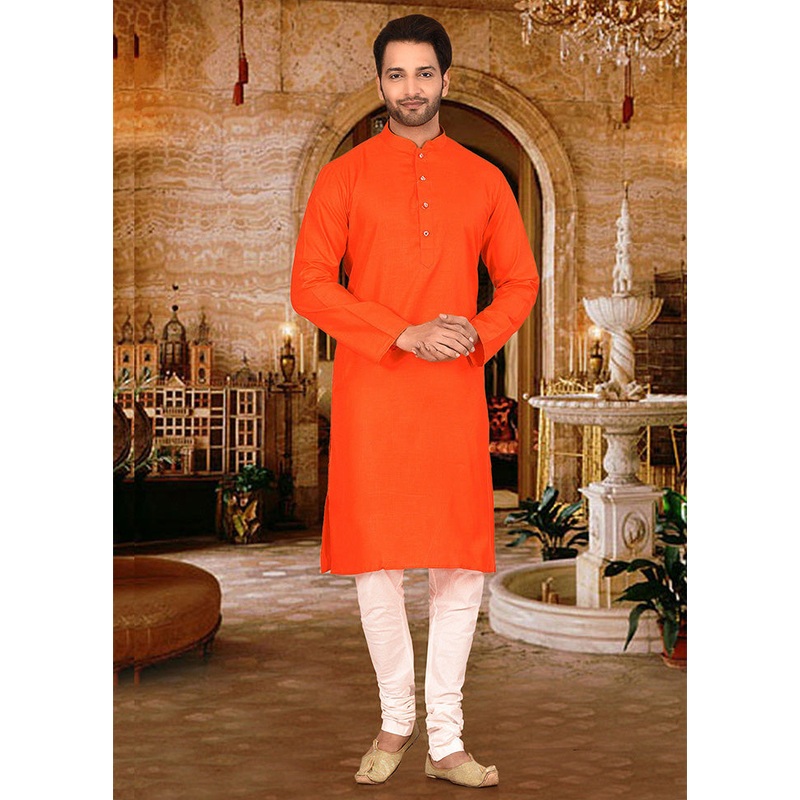 2 Pc Orange Cotton Kurta Pajama Set - JD986584804