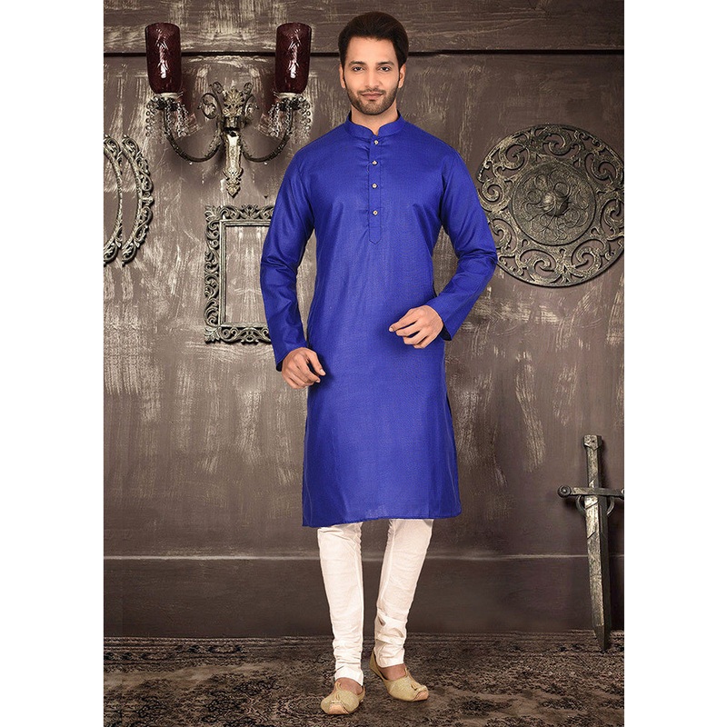 2 Pc Royal Blue Cotton Kurta Pajama Set - JD986584807