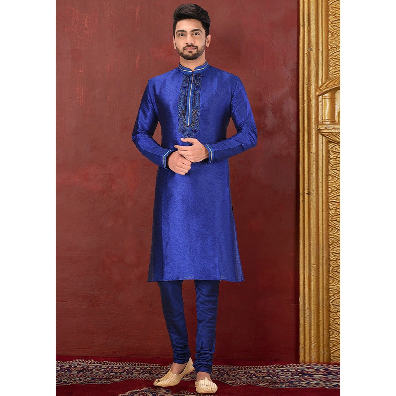 2 Pc Royal Blue Dupion Silk Kurta Pajama Set - JD986584811