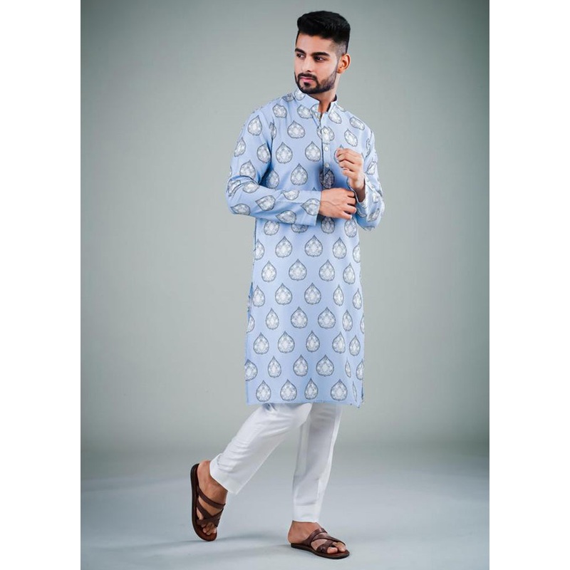 2 Pc Sky Blue Dupion Silk Kurta Pajama Set - JD986584813