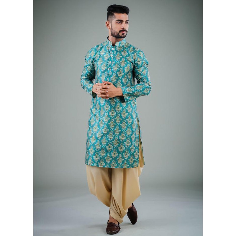 2 Pc Teal Dupion Silk Kurta Dhoti Set - JD986584817