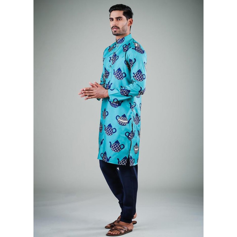 2 Pc Turquoise Dupion Silk Kurta Pajama Set - JD986584816