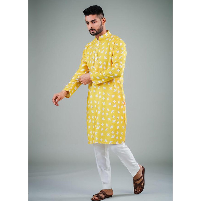 2 Pc Yellow Dupion Silk Kurta Pajama Set - JD986584812