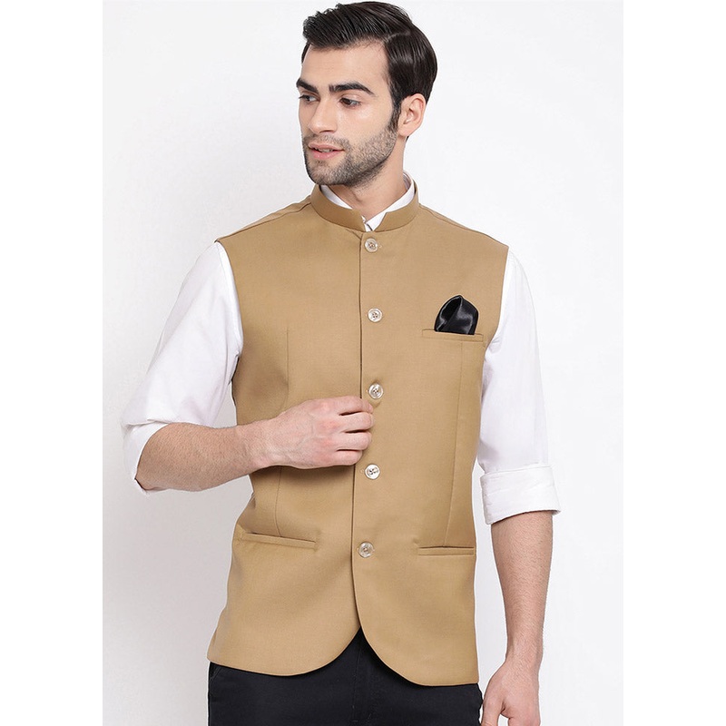 Beige Cotton Solid Nehru Jacket - JD986584781