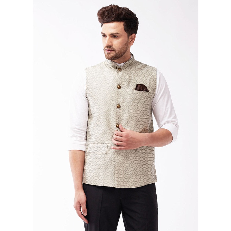 Beige Dupion Silk Printed Nehru Jacket - JD986584772