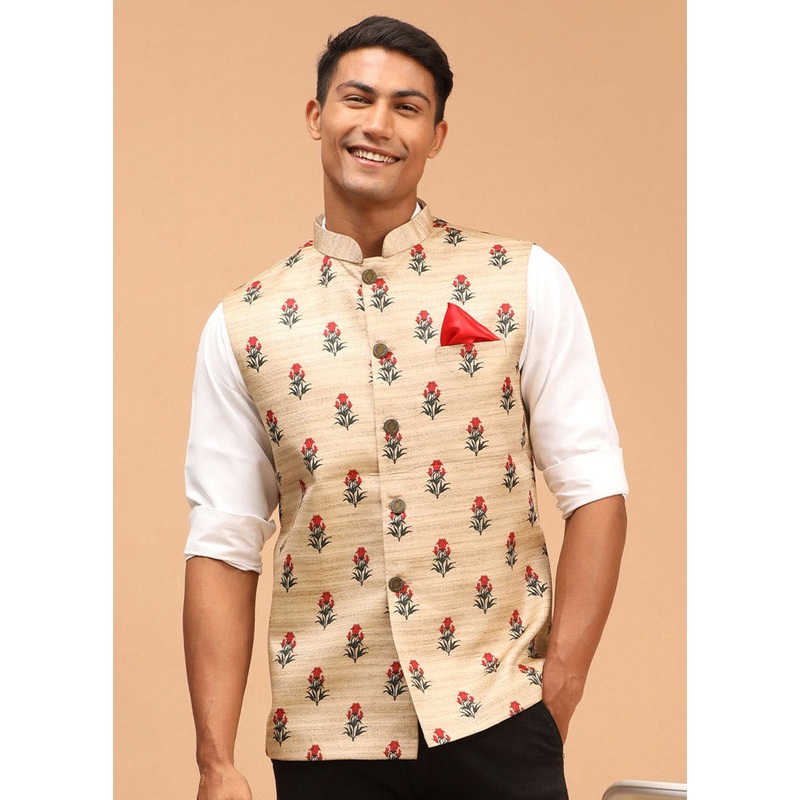 Beige Dupion Silk Printed Nehru Jacket - JD986584795