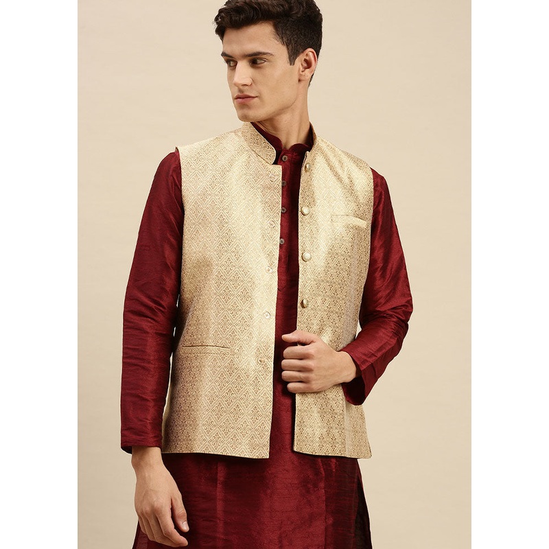 Beige Silk Printed Ethnic Jacket - JD986584731