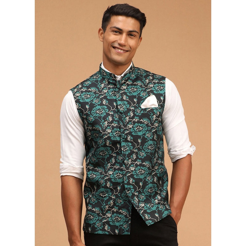 Black Cotton Printed Nehru Jacket - JD986584788