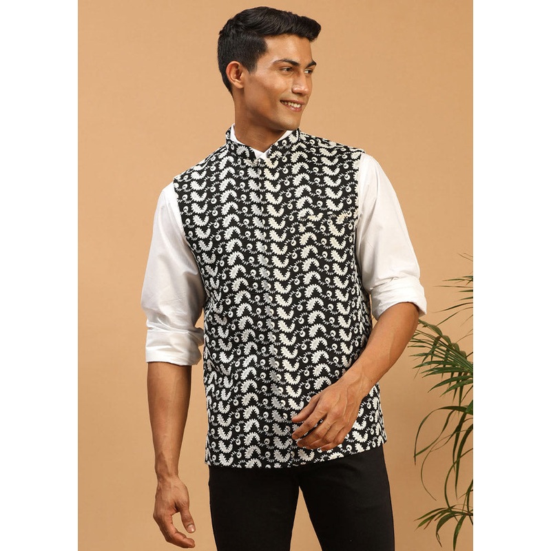 Black Cotton Printed Nehru Jacket - JD986584798