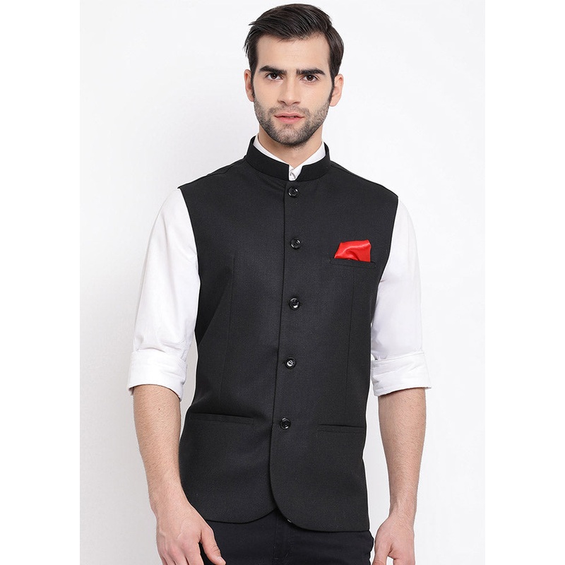 Black Cotton Solid Nehru Jacket - JD986584783