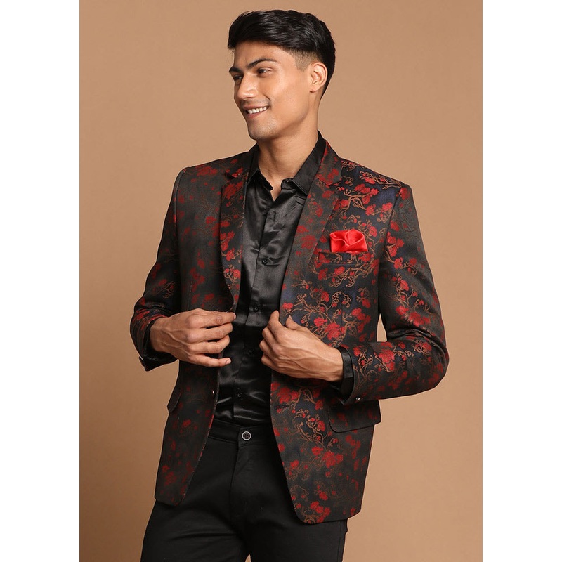 Black Dupion Silk Printed Blazer - JD986584749