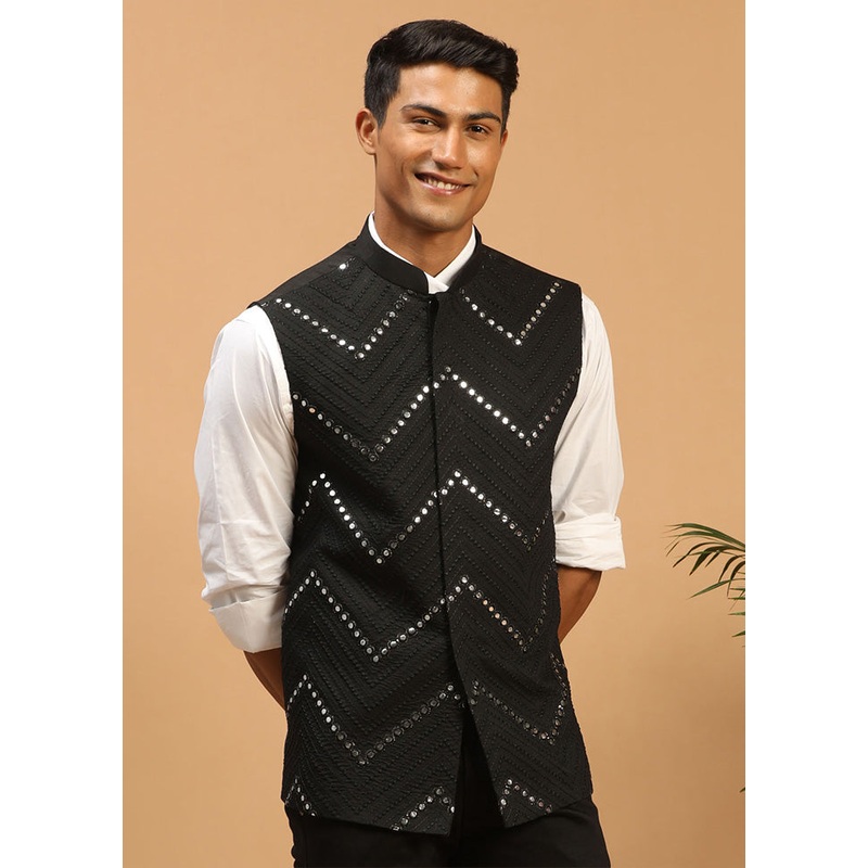 Black Silk Nehru Jacket - JD986584740