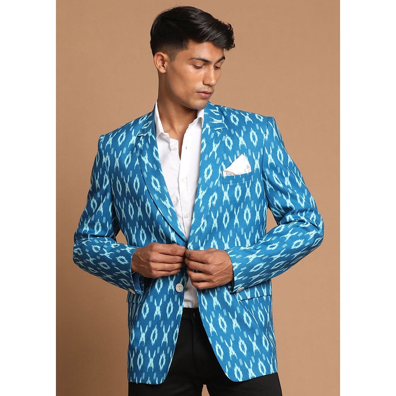 Blue Cotton Printed Blazer - JD986584757