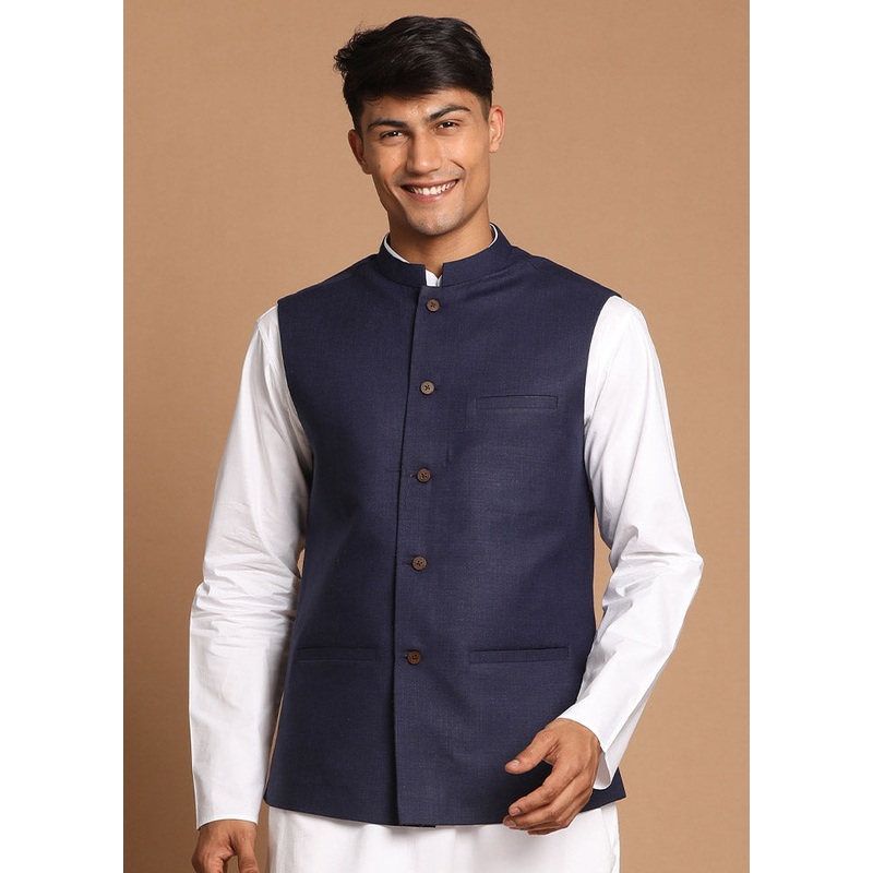 Blue Cotton Solid Nehru Jacket - JD986584765