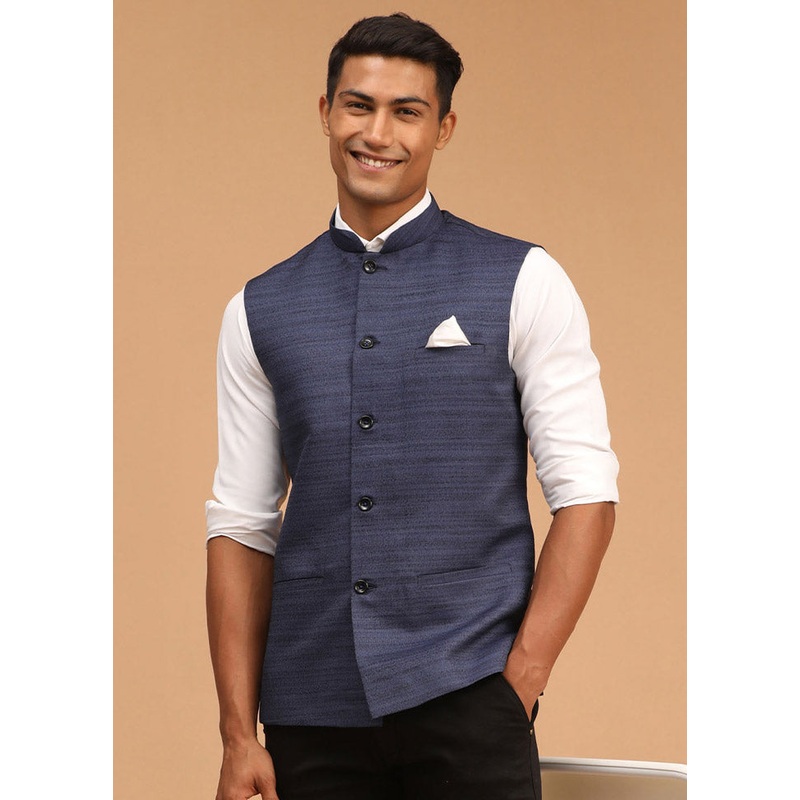Blue Dupion Silk Solid Nehru Jacket - JD986584777