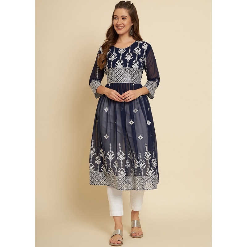Blue Readymade Georgette Long Kurti - JD986584702