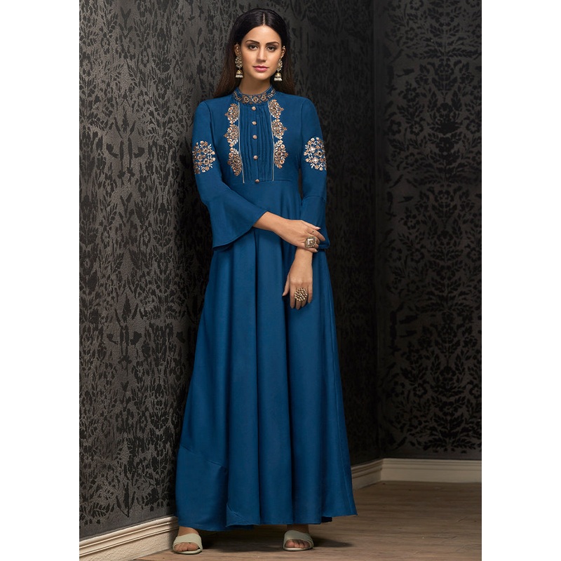 Blue Readymade Silk Gown - JD986584685