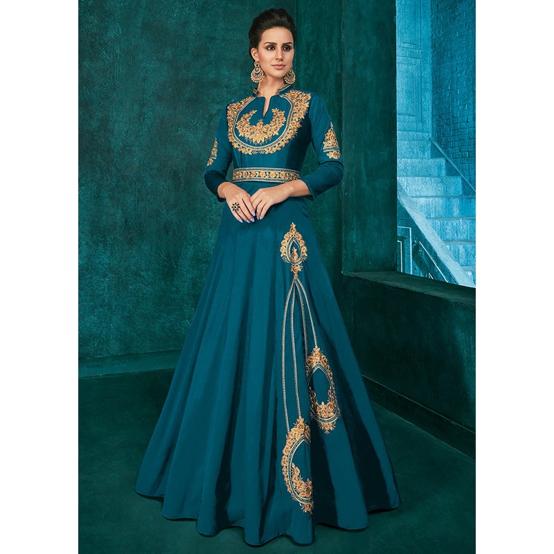 Blue Readymade Silk Gown - JD986584686
