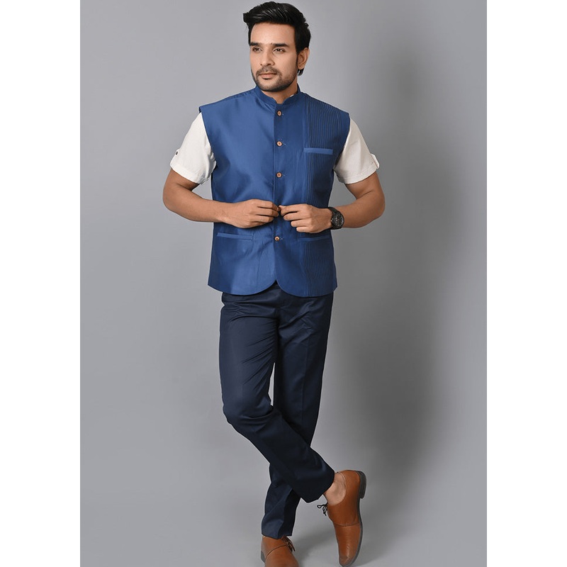 Blue Silk Solid Ethnic Jacket - JD986584722