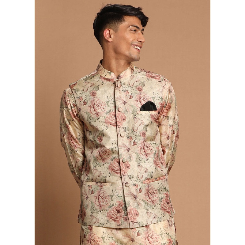 Brown Dupion Silk Printed Nehru Jacket - JD986584776