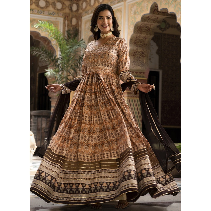 Brown Readymade Silk Indian Dress - JD986584669