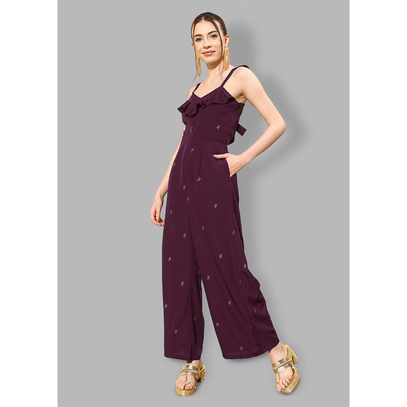 Burgundy Readymade Silk Jumpsuit - JD986584663