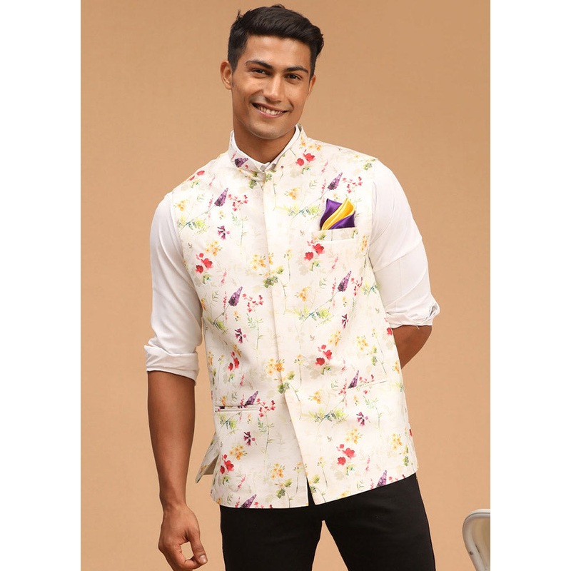 Cream Cotton Printed Nehru Jacket - JD986584766