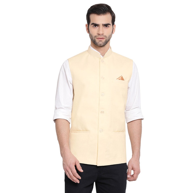 Cream Cotton Solid Nehru Jacket - JD986584764