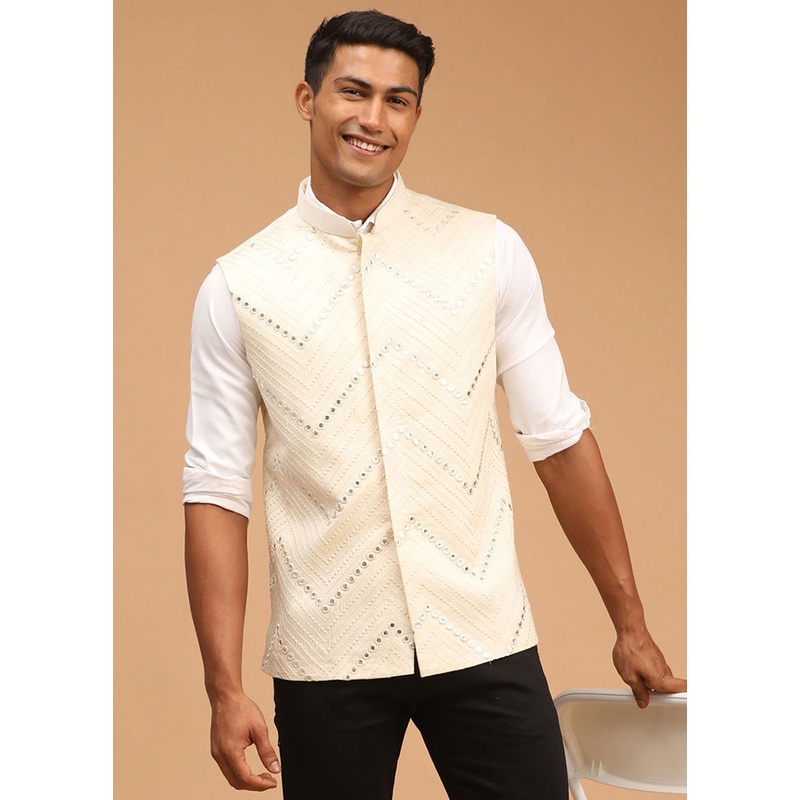 Cream Silk Nehru Jacket - JD986584736