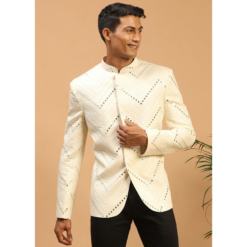 Cream Viscose Jodhpuri Coat - JD986584744