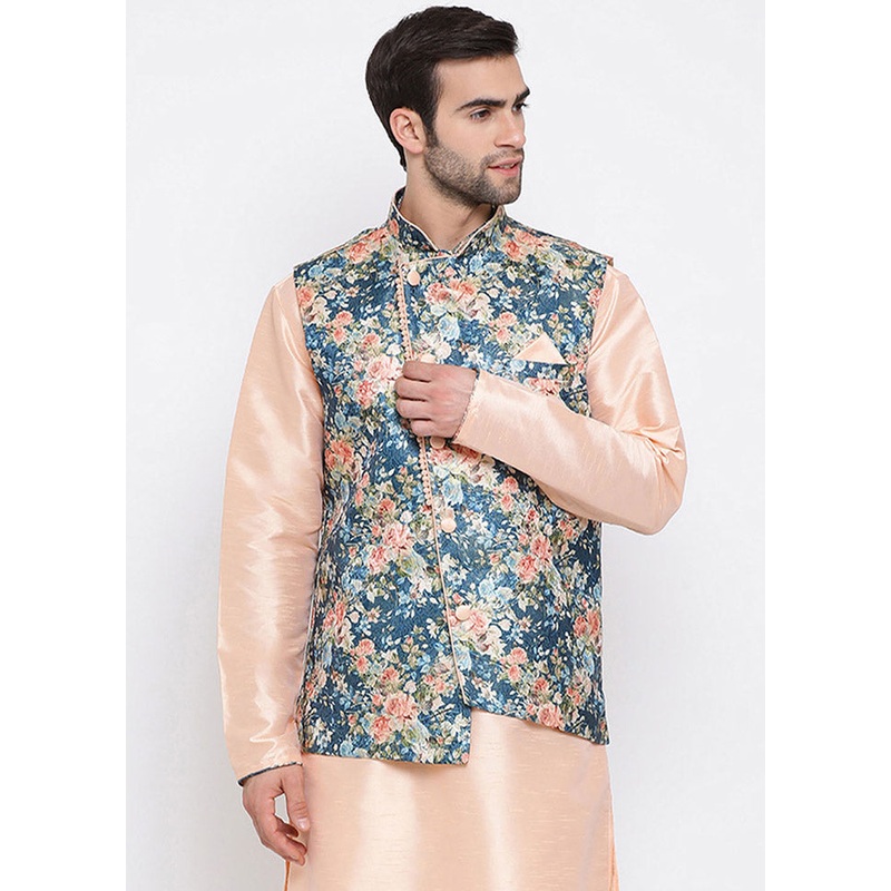 Dark Blue Cotton Printed Nehru Jacket - JD986584791