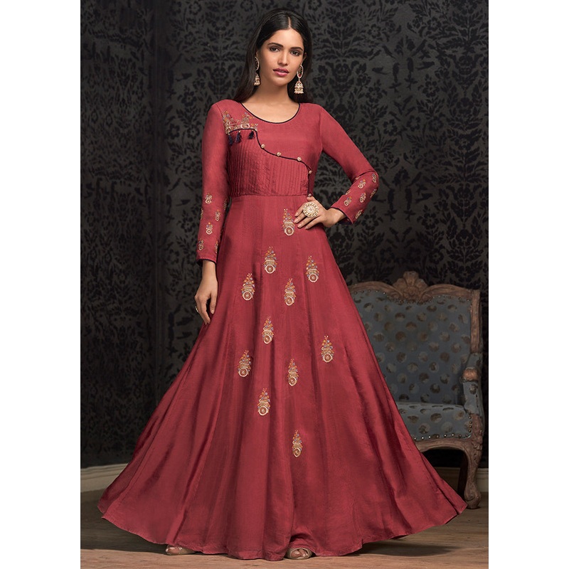 Dark Pink Readymade Silk Gown - JD986584655