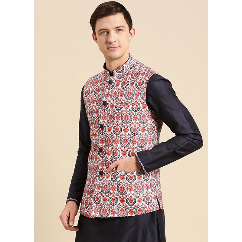 Deep Blue Silk Printed Ethnic Jacket - JD986584734