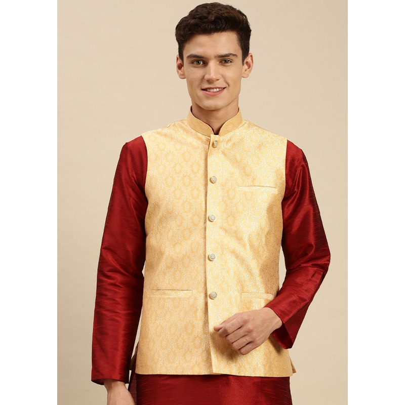 Gold Silk Printed Ethnic Jacket - JD986584726